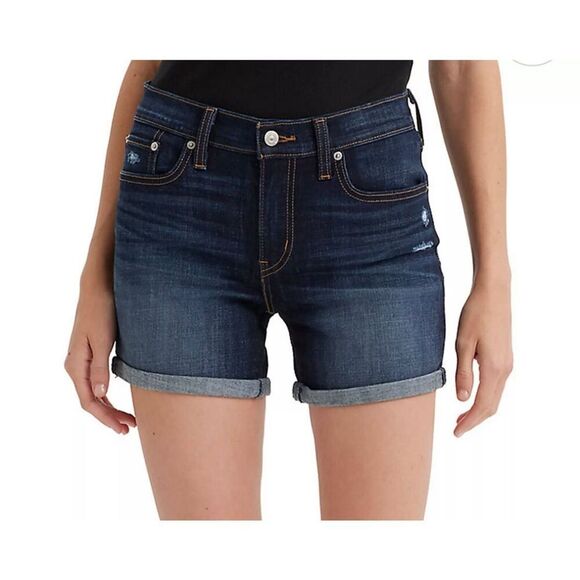 New Levi’s Mid Length Shorts Dark Blue Denim Jean Women’s Sz 31 Stretch Cuffed - Picture 5 of 7